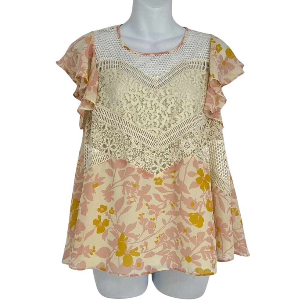 HD in Paris Blouse Women 0 Yellow Pink Floral Lace Flutter Sleeve Boho Top